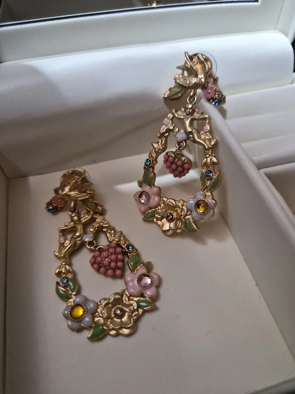 Gold Floral Drop Earrings with Pink and Green Enamel Accents